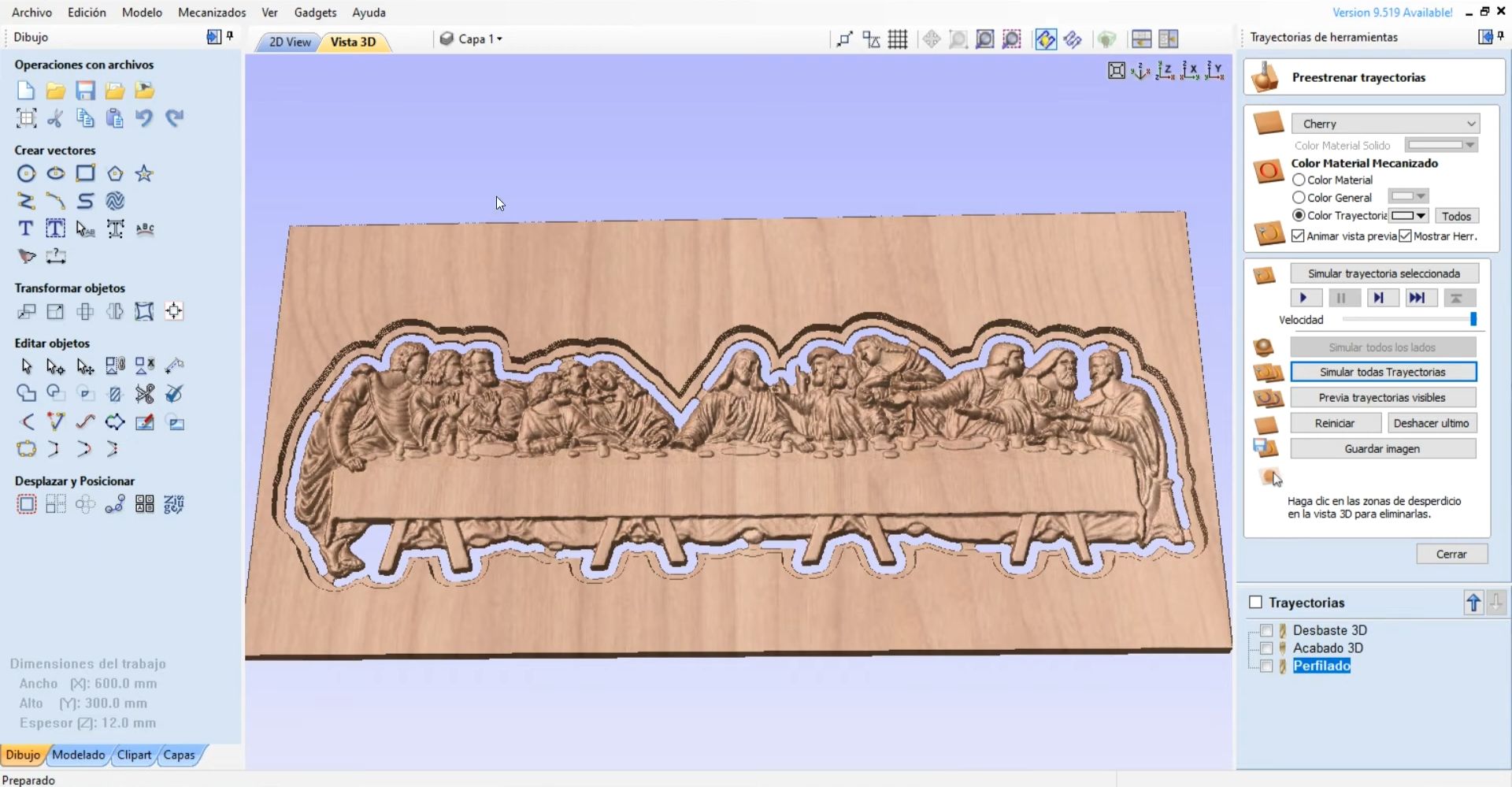 Interface of the Aspire numerical control program, with a 3D model preview